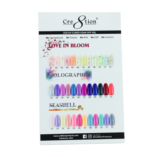 Cre8tion Love In Love Gel + Holographic Gel + Seashell Gel, Counter Foam Display Color Chart, 37048