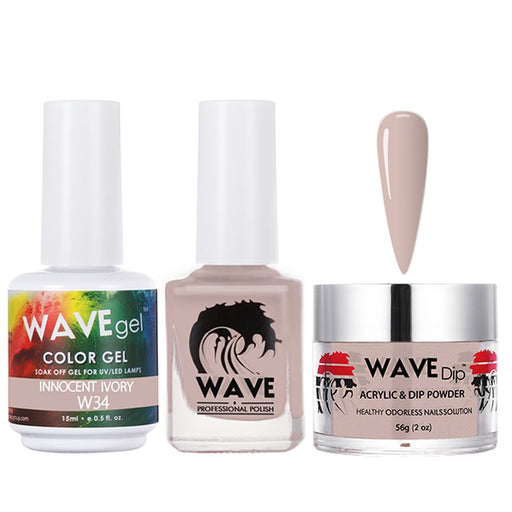 Wave Gel 4in1 Acrylic/Dipping Powder + Gel Polish + Nail Lacquer, SIMPLICITY Collection, 034, Innocent Ivory