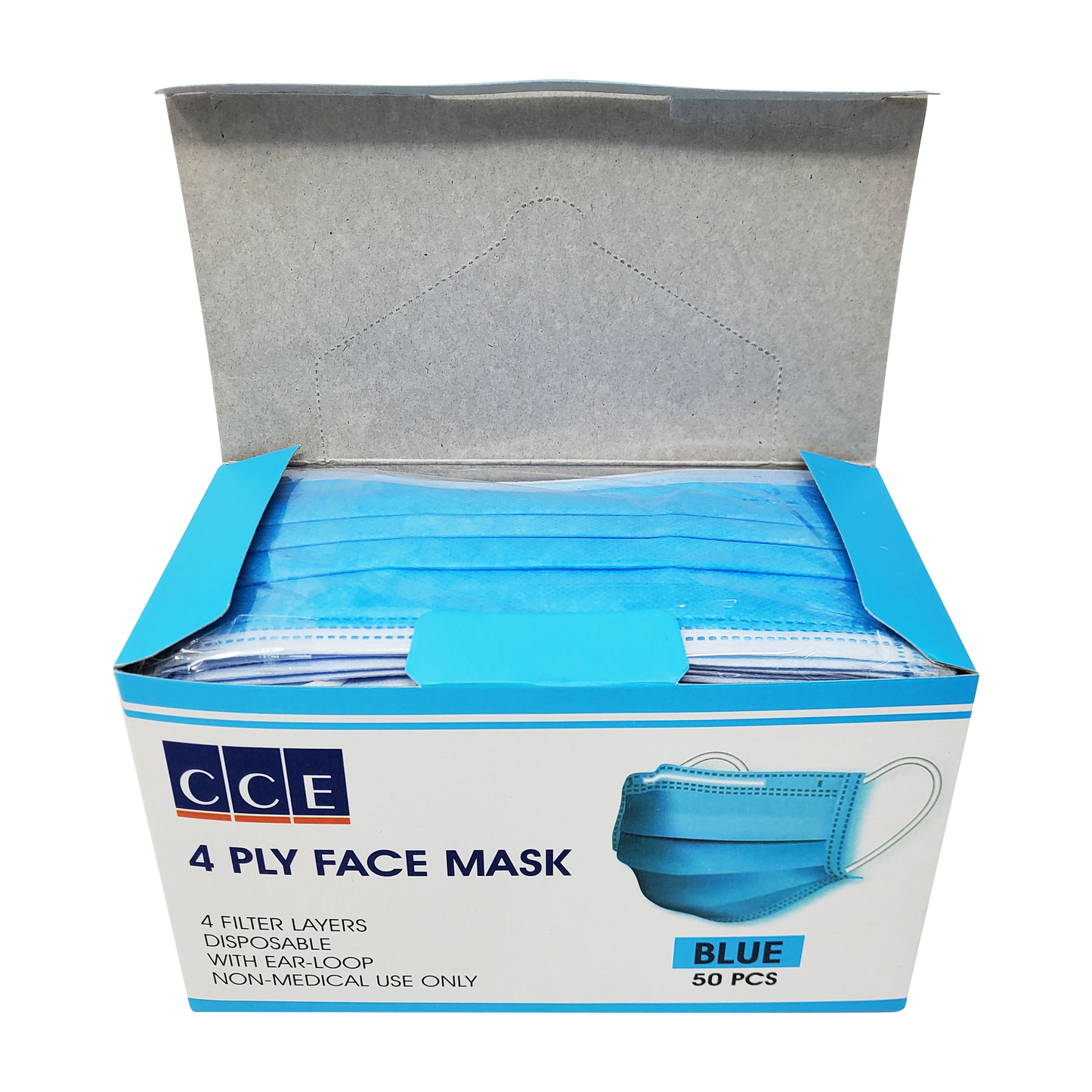 CCE Disposable 4 Ply Face Mask, Blue, BOX, 50pcs/box (Packing: 50 boxes/case)